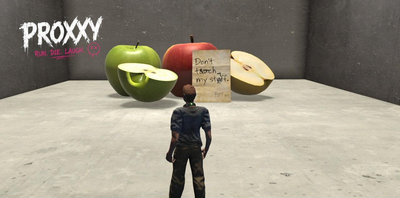 Raum 01 — Riesige Äpfel und eine Notiz von Proxxy: „Don’t touch my stuff.“